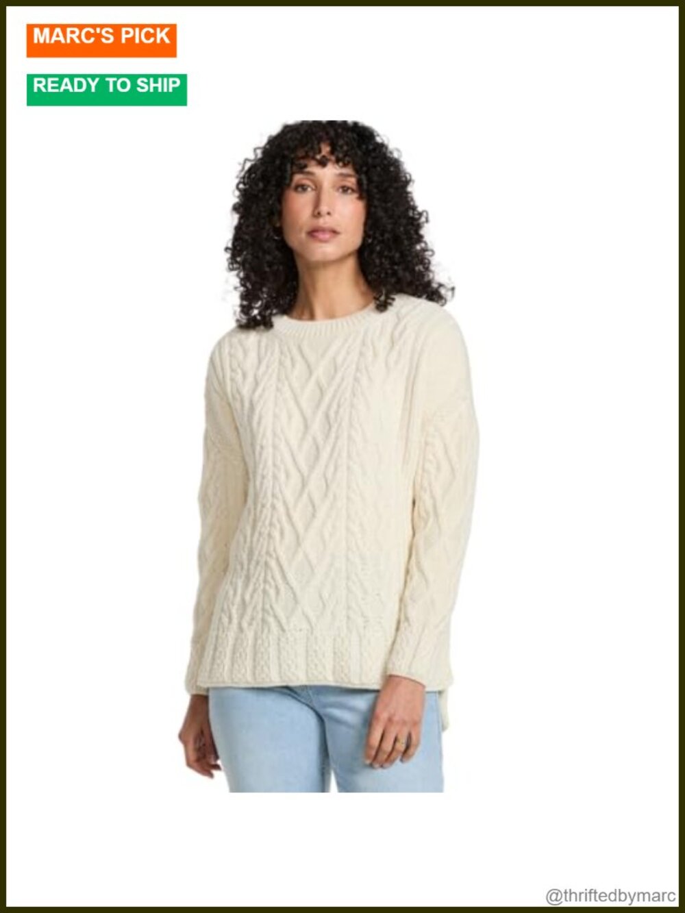 100% Merino Wool Cable Knit Crew Neck Sweater Irish Made